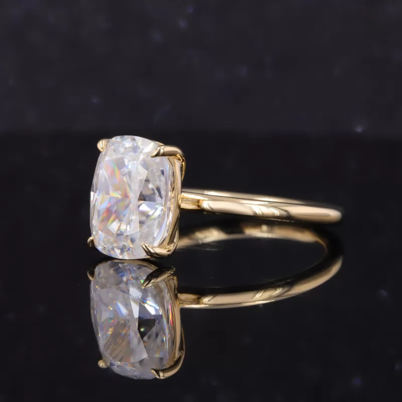 10.5×8mm Long Cushion Shape Crushed Ice Cut Moissanite 18K Yellow Gold Solitaire Engagement Ring