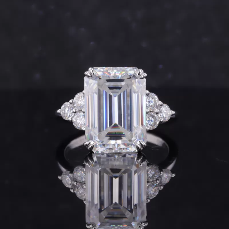 10×14mm Octagon Emerald Cut Moissanite With Side Moissanite 18K White Gold Engagement Ring