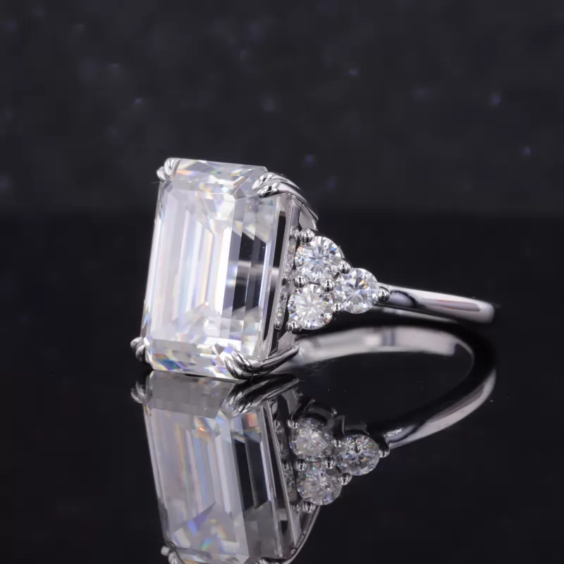 10×14mm Octagon Emerald Cut Moissanite With Side Moissanite 18K White Gold Engagement Ring