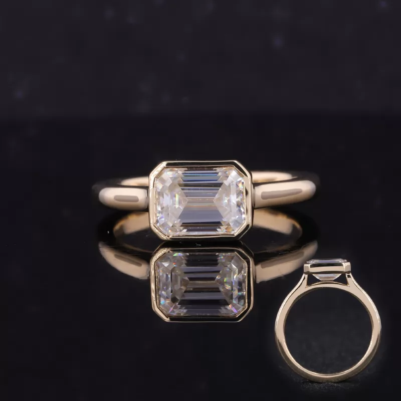 6×8mm Octagon Emerald Cut Moissanite Bezel Set 9K Yellow Gold Solitaire Engagement Ring