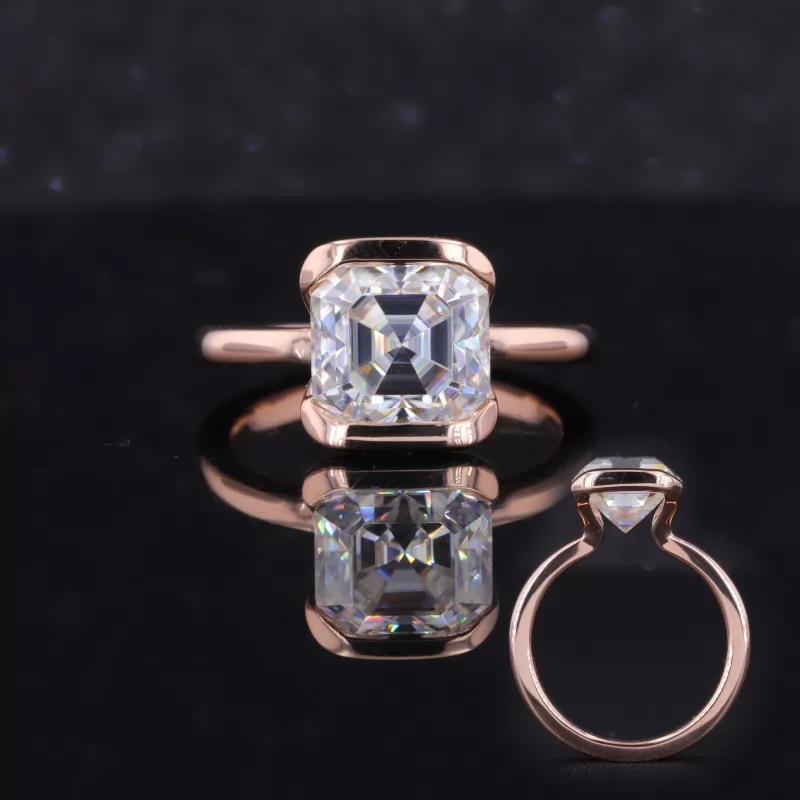 8×8mm Asscher Cut Moissanite Half Bezel Set 10K Rose Gold Solitaire Engagement Ring