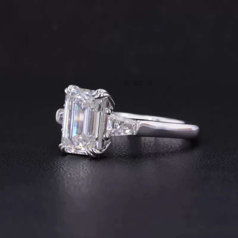 7×9.5mm Octagon Emerald Cut Moissanite With Side Moissanite 14K White Gold Engagement Ring