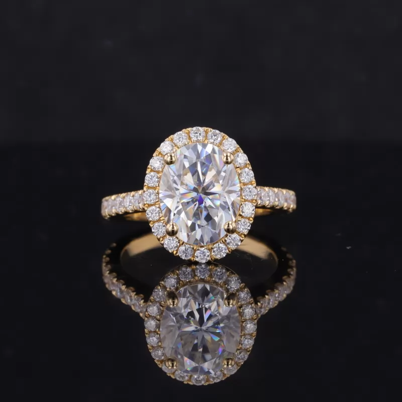7×9mm Oval Cut Moissanite 18K Yellow Gold Halo Engagement Ring