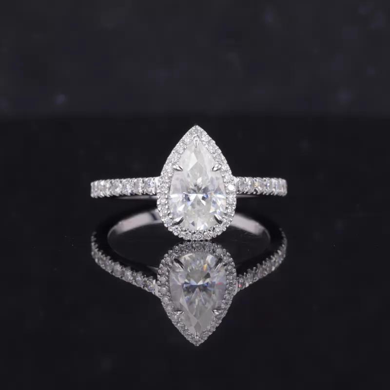 5×8mm Pear Cut Moissanite 14K White Gold Halo Engagement Ring