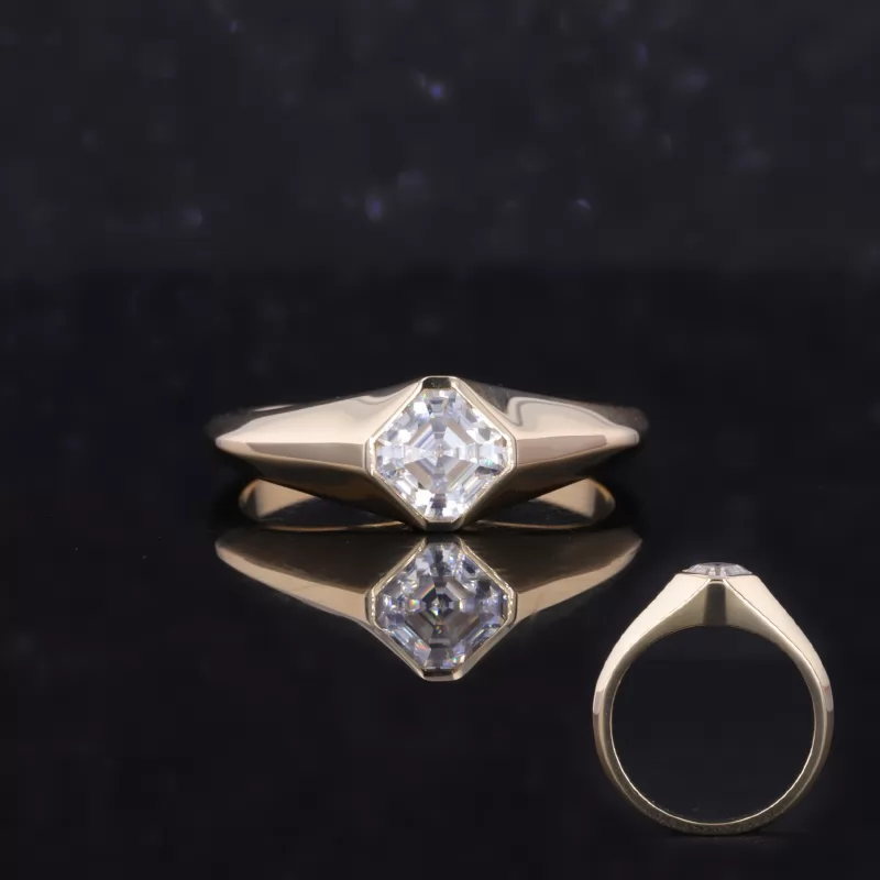 5×5mm Asscher Cut Moissanite Bezel Set 9K Gold Solitaire Engagement Men Ring