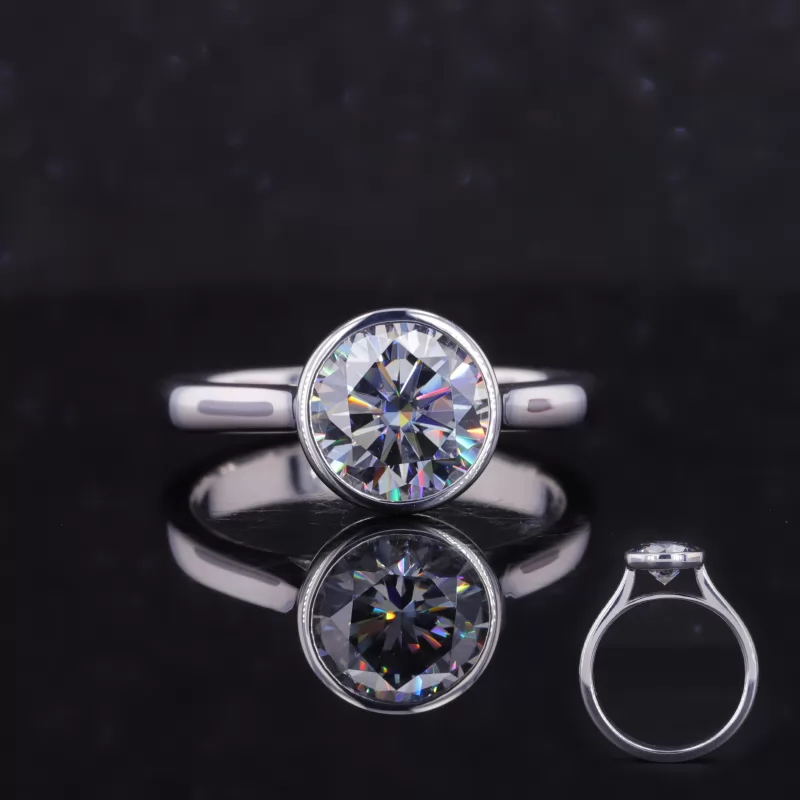 8mm Round Brilliant Cut Grey Color Moissanite Bezel Set Solitaire Engagement Ring