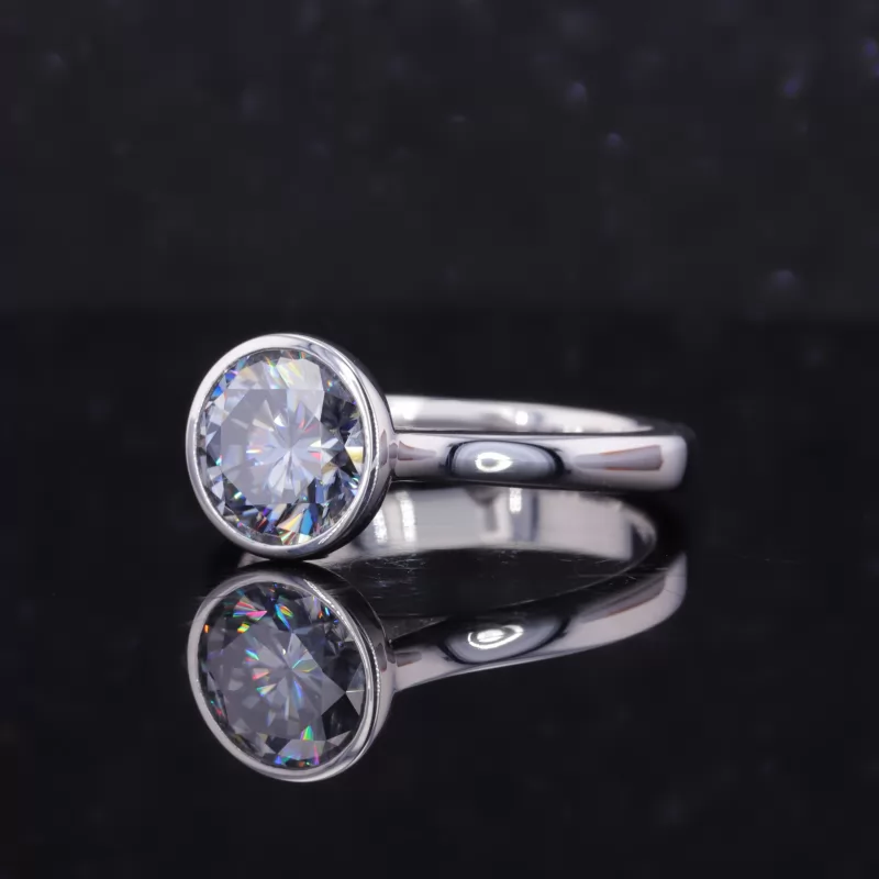 8mm Round Brilliant Cut Grey Color Moissanite Bezel Set Solitaire Engagement Ring