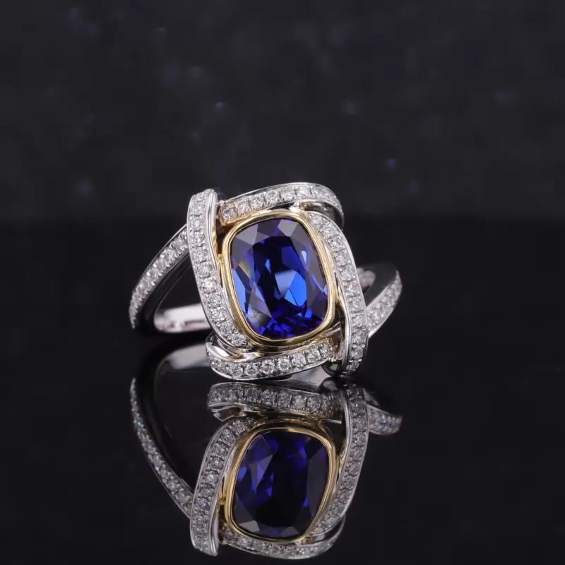 7×9mm Cushion Cut Royal Blue Lab Grown Sapphire 18K White Gold Halo Engagement Ring