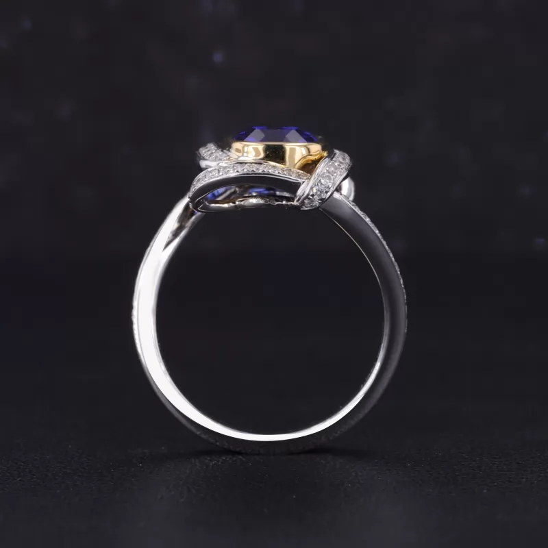 7×9mm Cushion Cut Royal Blue Lab Grown Sapphire 18K White Gold Halo Engagement Ring