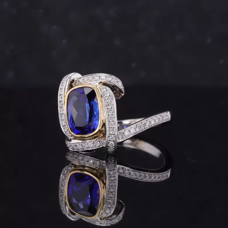 7×9mm Cushion Cut Royal Blue Lab Grown Sapphire 18K White Gold Halo Engagement Ring