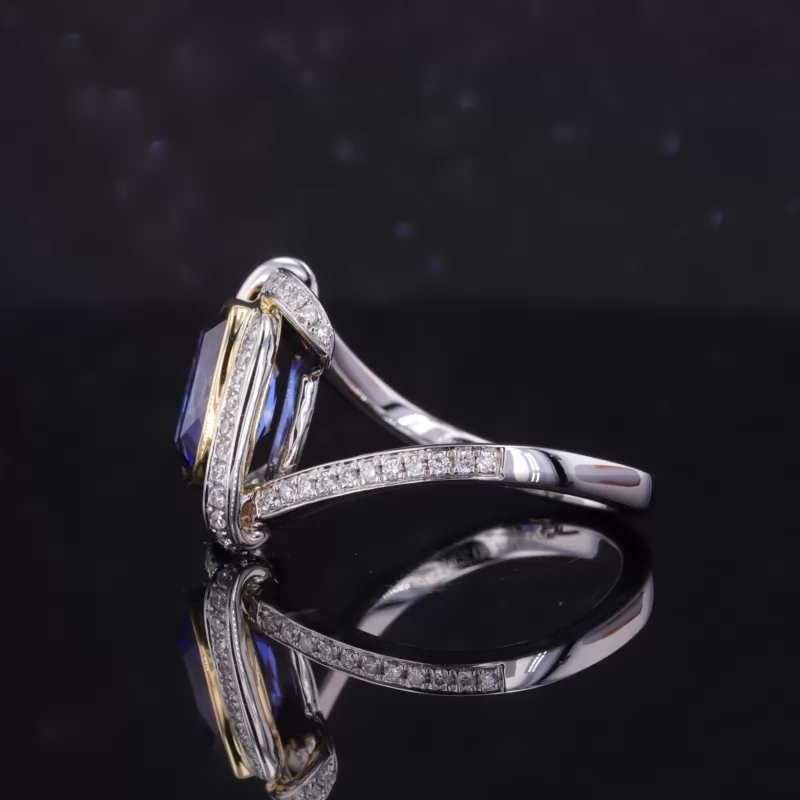 7×9mm Cushion Cut Royal Blue Lab Grown Sapphire 18K White Gold Halo Engagement Ring