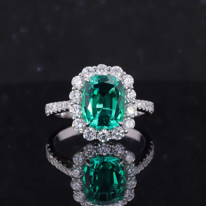 8×10mm Cushion Cut Lab Grown Emerald 18K White Gold Halo Engagement Ring