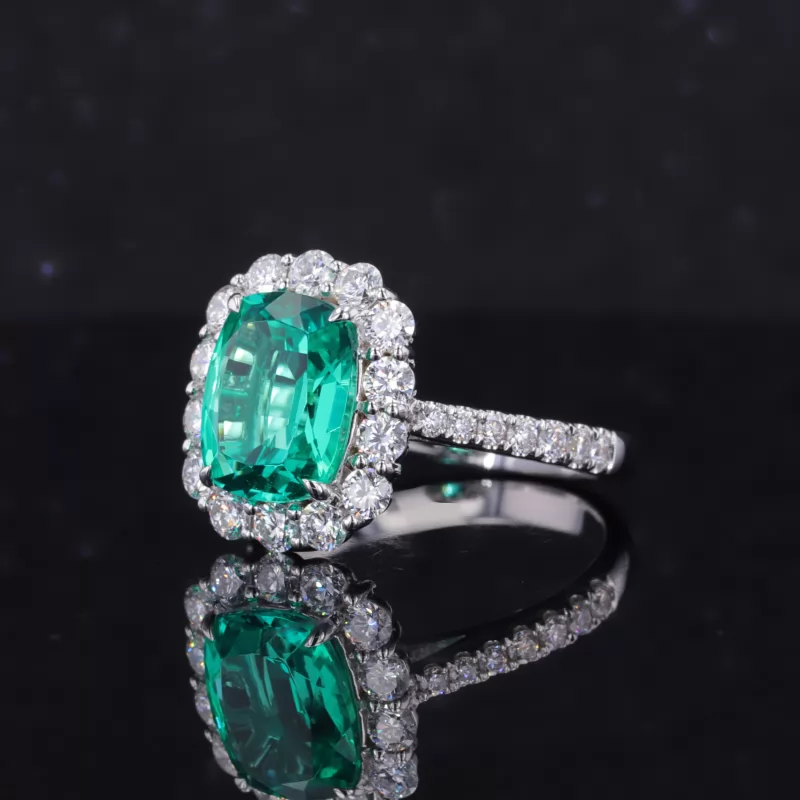 8×10mm Cushion Cut Lab Grown Emerald 18K White Gold Halo Engagement Ring