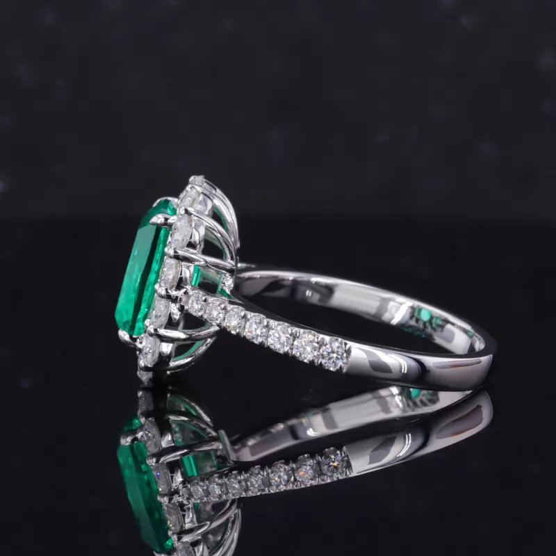 8×10mm Cushion Cut Lab Grown Emerald 18K White Gold Halo Engagement Ring