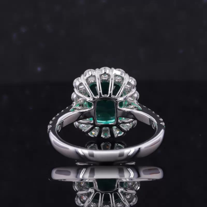 8×10mm Cushion Cut Lab Grown Emerald 18K White Gold Halo Engagement Ring
