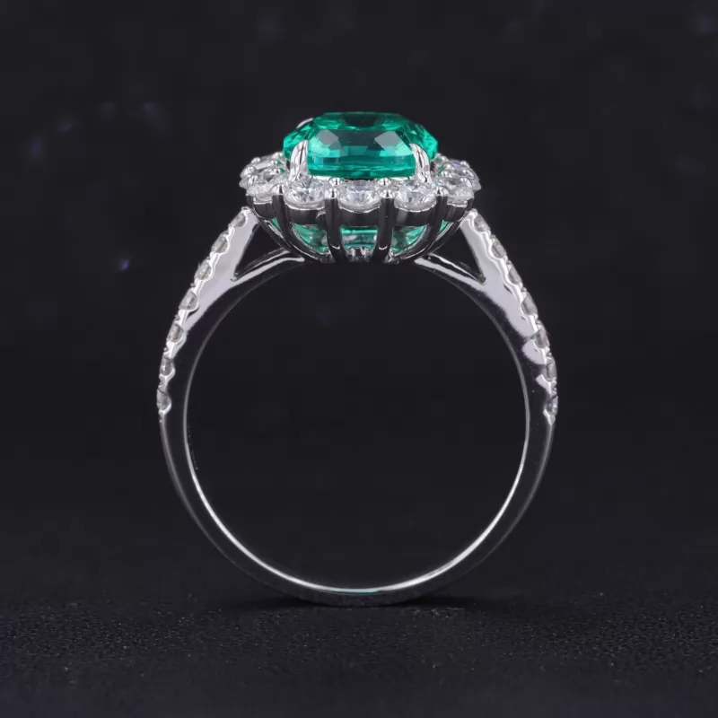 8×10mm Cushion Cut Lab Grown Emerald 18K White Gold Halo Engagement Ring