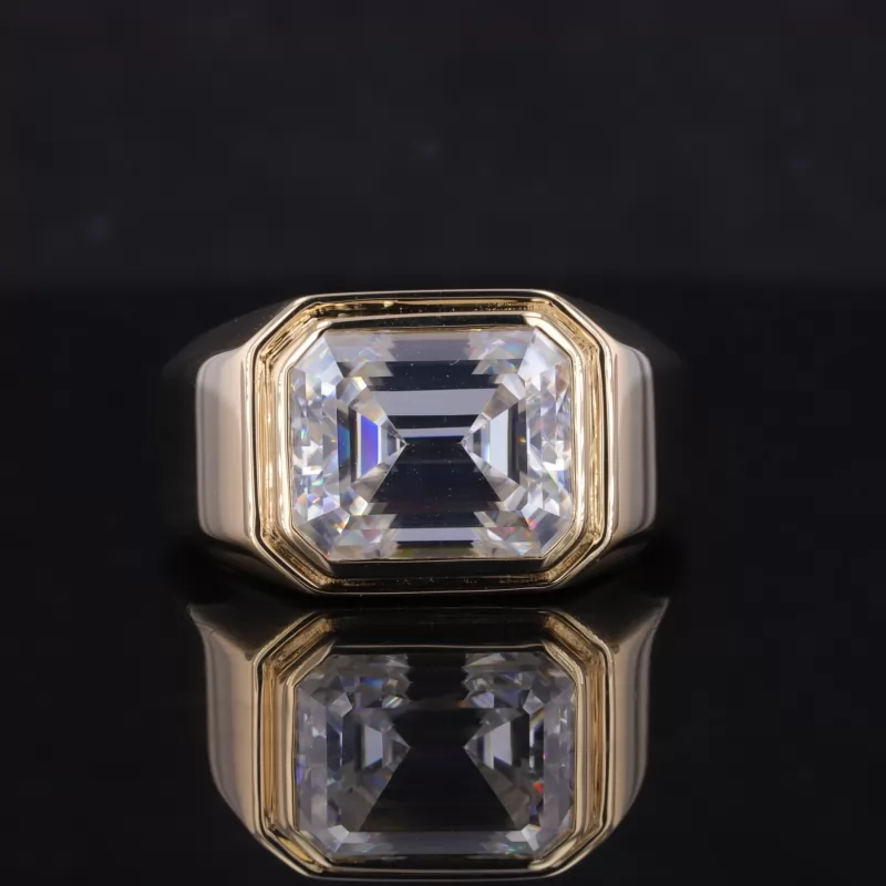 9x11mm Emerald Cut Moissanite Bezel Set 18K Gold Engagement Ring For Men