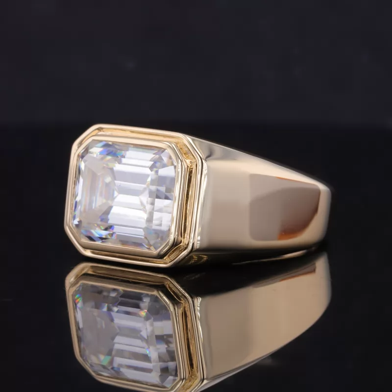 9×11mm Octagon Emerald Cut Moissanite Bezel Set 18K Gold Solitaire Engagement Men Ring
