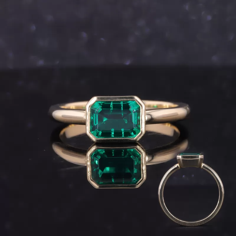 6x8mm Emerald Cut Lab Grown Emerald Gemstone 14K Gold Bezel Set Engagement Ring