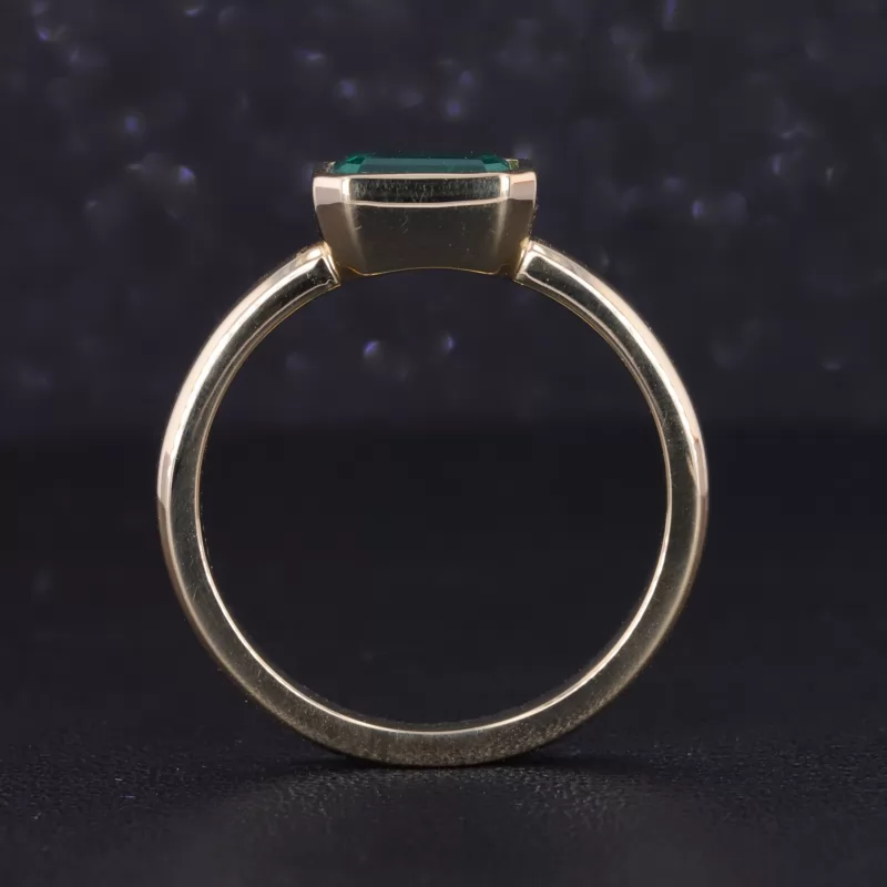 6×8mm Octagon Emerald Cut Lab Grown Emerald Bezel Set 14K Yellow Gold Solitaire Engagement Ring