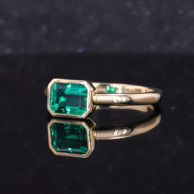 6×8mm Octagon Emerald Cut Lab Grown Emerald Bezel Set 14K Yellow Gold Solitaire Engagement Ring