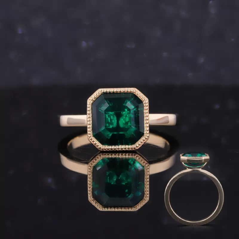 8×8mm Asscher Cut Lab Grown Emerald Bezel Set 10K Gold Solitaire Engagement Ring