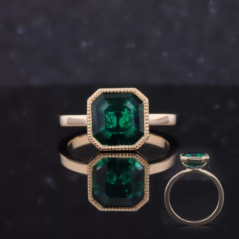 8×8mm Asscher Cut Lab Grown Emerald Bezel Set 10K Yellow Gold Solitaire Engagement Ring