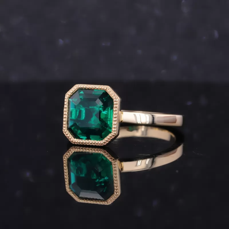 8×8mm Asscher Cut Lab Grown Emerald Bezel Set 10K Gold Solitaire Engagement Ring