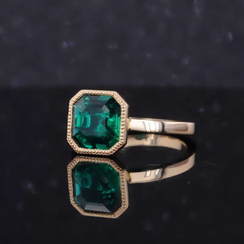 8×8mm Asscher Cut Lab Grown Emerald Bezel Set 10K Yellow Gold Solitaire Engagement Ring