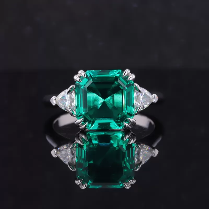 10×10mm Asscher Cut Lab Grown Emerald With Side Moissanite White Gold Engagement Ring