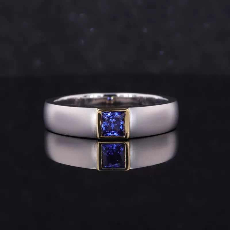 4x4mm Princess Cut Lab Grown Sapphire Gemstone Engagament Men Ring