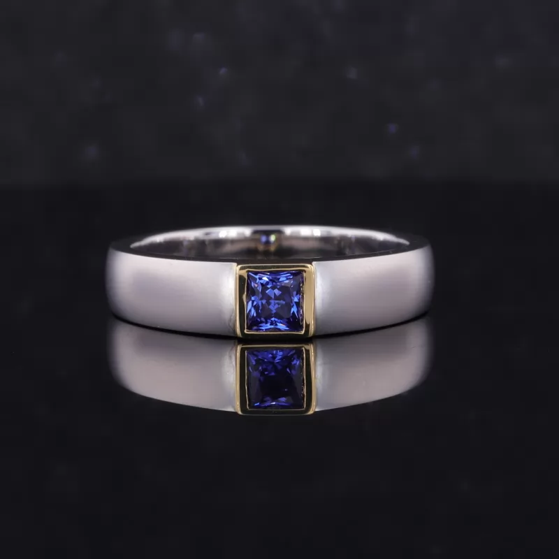 4×4mm Princess Cut Lab Grown Sapphire 14K White Gold Solitaire Engagement Men Ring