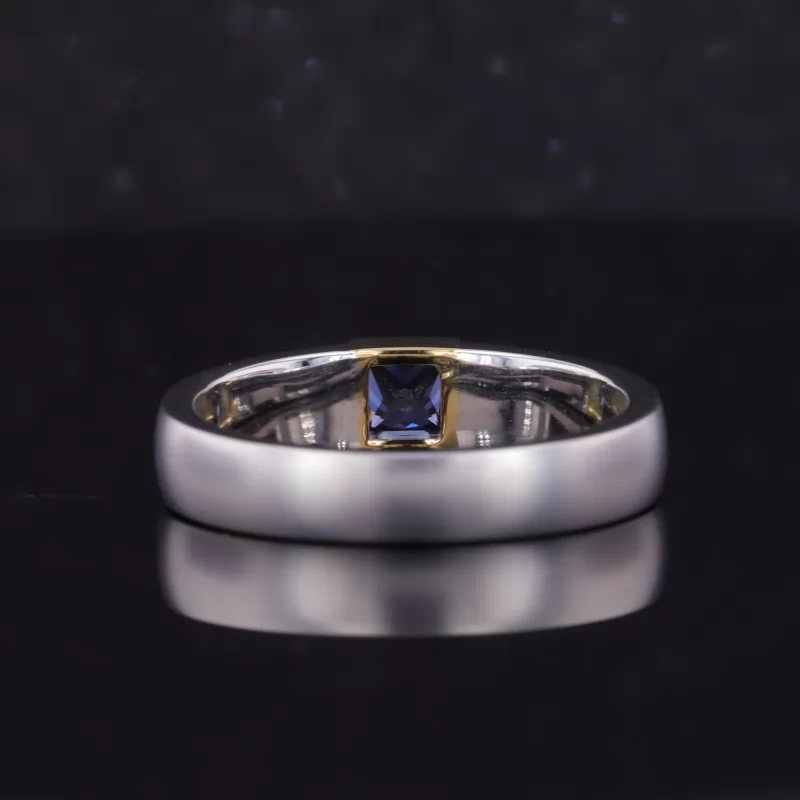 4×4mm Princess Cut Lab Grown Sapphire 14K White Gold Solitaire Engagement Men Ring