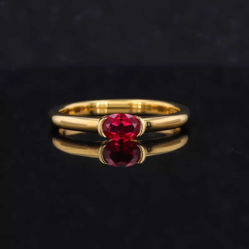 3x5mm Oval Cut Lab Grown Ruby 18K Yellow Gold Engagement Ring