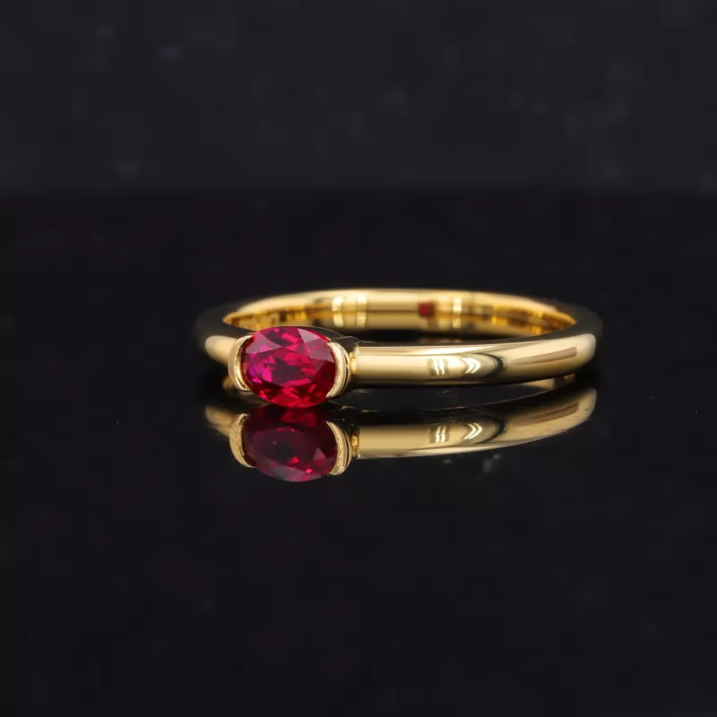 3×5mm Oval Cut Lab Grown Ruby 18K Yellow Gold Solitaire Engagement Ring