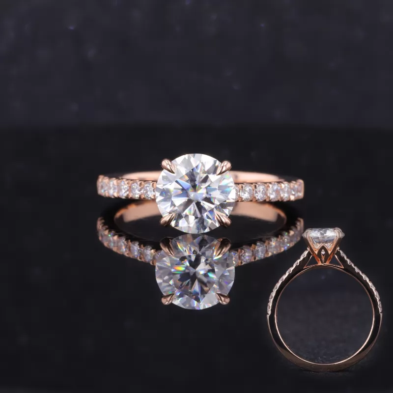 8mm Round Brilliant Cut Moissanite 18K Rose Gold Pave Engagement Ring