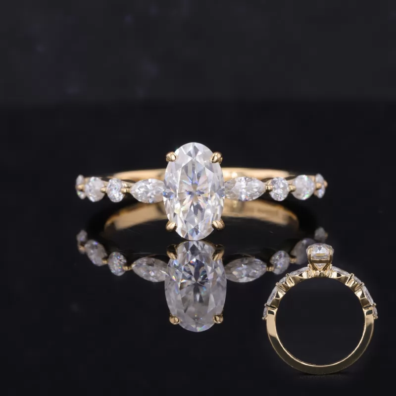 5×8mm Oval Cut Moissanite 10K Yellow Gold Pave Engagement Ring