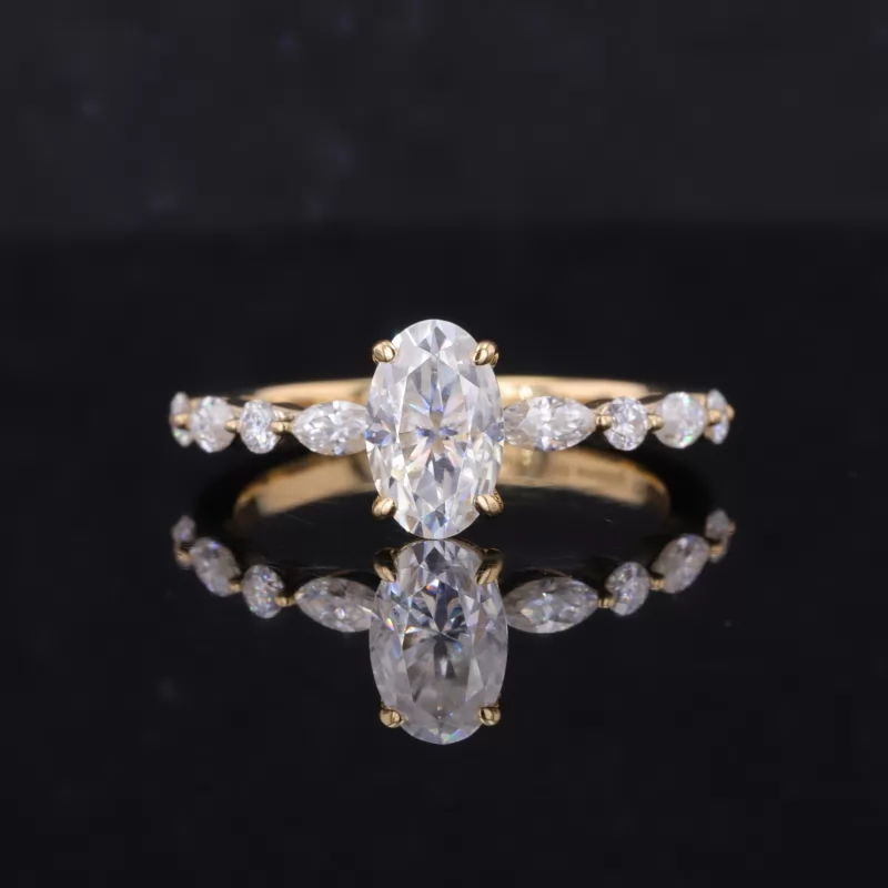 5×8mm Oval Cut Moissanite 10K Yellow Gold Pave Engagement Ring