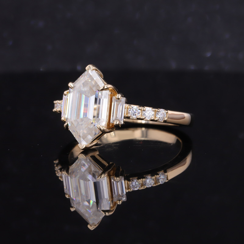 6.5×12mm Special Cut Hexagon Shape Moissanite 14K Yellow Gold Pave Engagement Ring