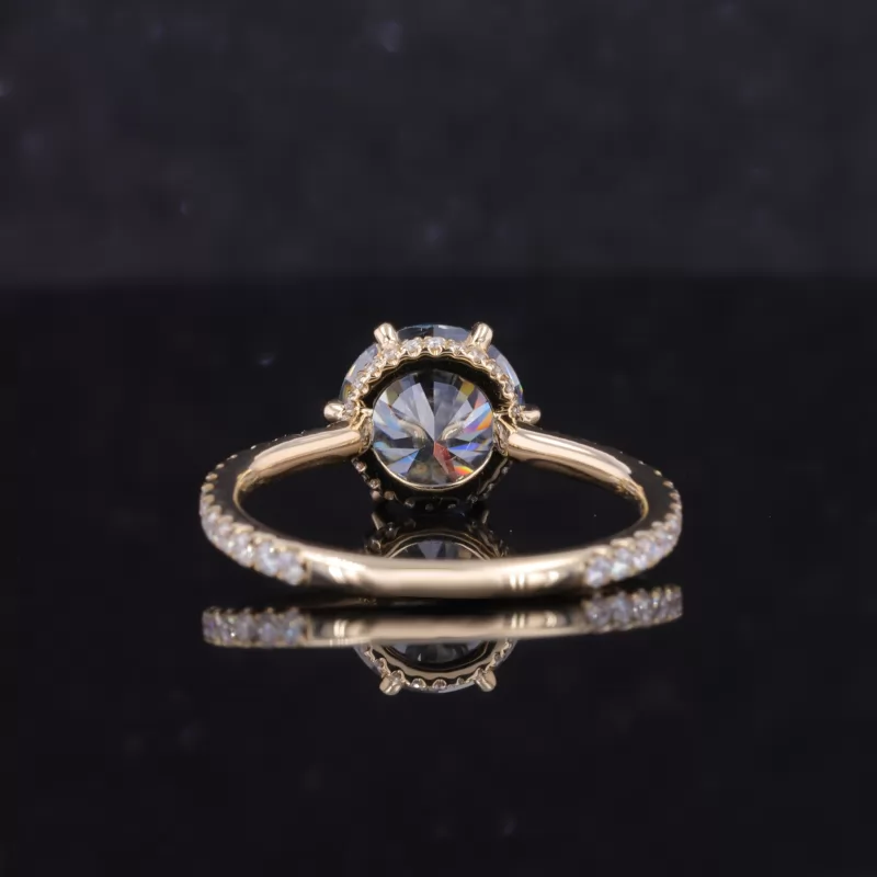 8mm Round Brilliant Cut Grey Color Moissanite 14K Yellow Gold Pave Engagement Ring