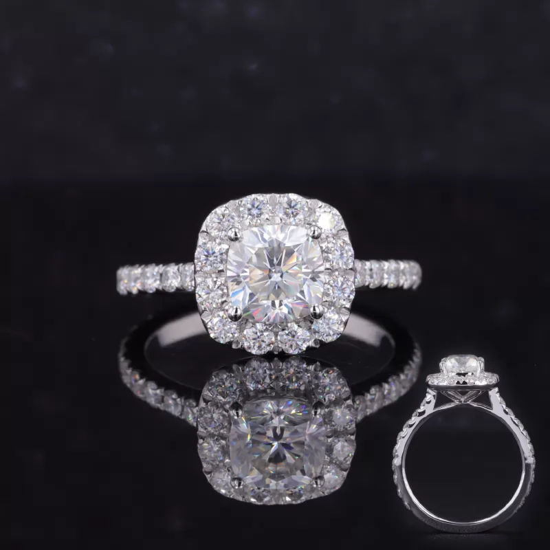 6×6mm Cushion Cut Moissanite 14K White Gold Pave Engagement Ring