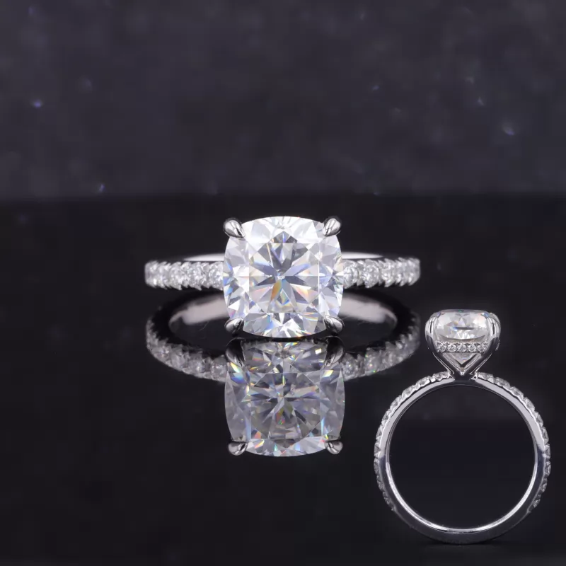 8.5×8.5mm Cushion Cut Moissanite PT950 Pave Engagement Ring