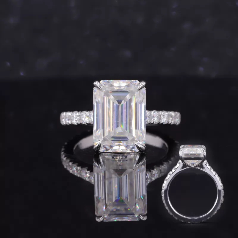 8×11mm Octagon Emerald Cut Moissanite 14K White Gold Pave Engagement Ring