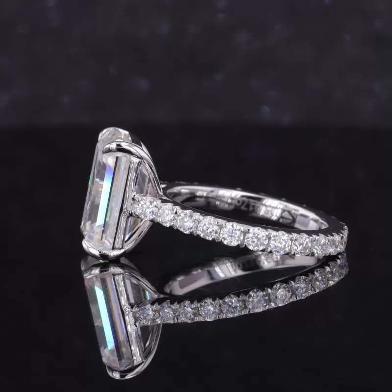 8×11mm Octagon Emerald Cut Moissanite 14K White Gold Pave Engagement Ring