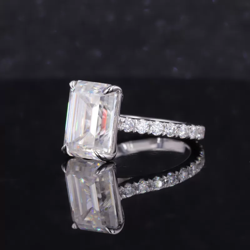 8×11mm Octagon Emerald Cut Moissanite 14K White Gold Pave Engagement Ring