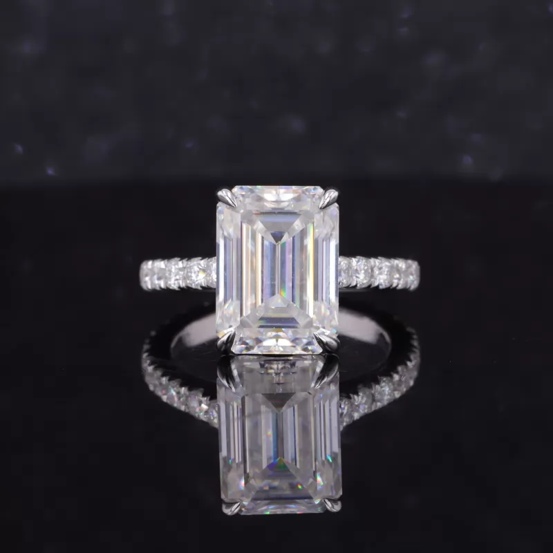 8×11mm Octagon Emerald Cut Moissanite 14K White Gold Pave Engagement Ring