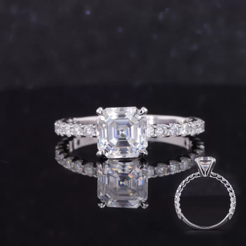 7.5×7.5mm Asscher Cut Moissanite 10K White Gold Pave Engagement Ring