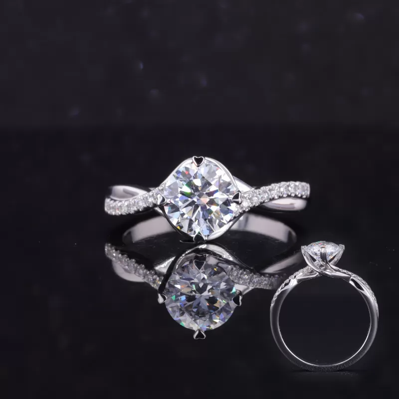 6.5mm Round Brilliant Cut Moissanite With Winding Band 14K White Gold Pave Engagement Ring