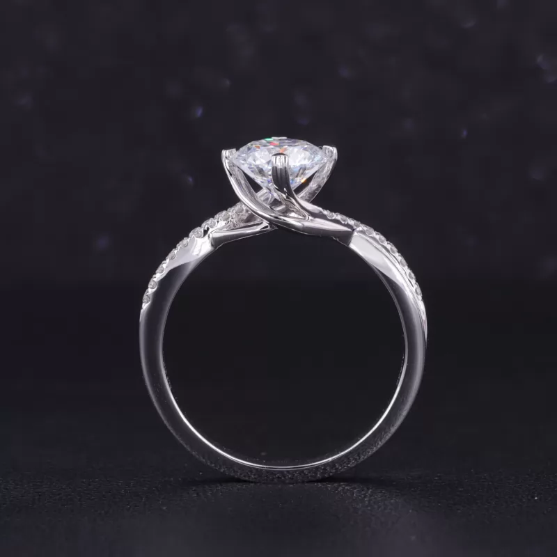 6.5mm Round Brilliant Cut Moissanite With Winding Band 14K White Gold Pave Engagement Ring