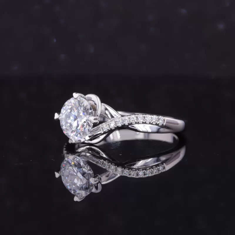 6.5mm Round Brilliant Cut Moissanite With Winding Band 14K White Gold Pave Engagement Ring